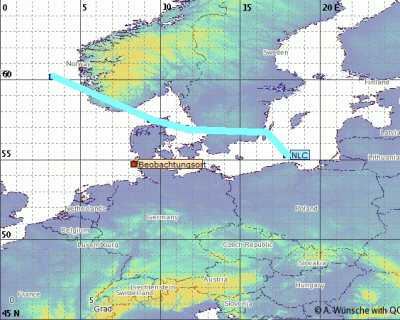Lage des in Norddorf (Amrum) sichtbaren Südrands des NLC-Felds am 02.08.2023 um 03:50 MESZ.