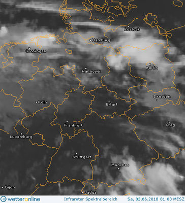 Abb. 2: Satellitenbild (Infrarot)  vom 02.06.2018, 01.00 MESZ.<br />Quelle: http://www.wetteronline.de/