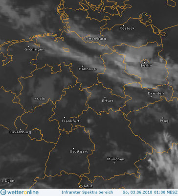 Abb. 2: Satellitenbild (Infrarot) vom 03.06.2018, 01.00 MESZ.<br />Quelle: http://www.wetteronline.de/