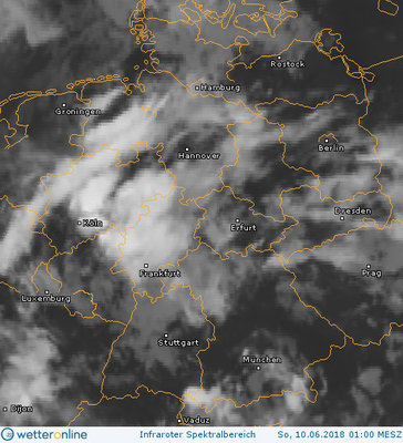 Abb. 2: Satellitenbild (Infrarot) vom 10.06.2018, 01.00 MESZ.<br />Quelle: http://www.wetteronline.de/