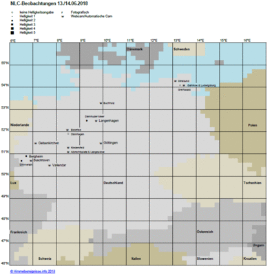 Abb. 1: NLC-Beobachtungen in der Nacht 13./14.06.2018