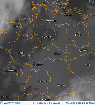 Abb. 2: Satellitenbild (Infrarot) vom 13.06.2018, 23.00 MESZ.<br />Quelle: http://www.wetteronline.de/