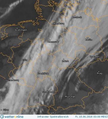 Abb. 2: Satellitenbild (Infrarot) vom 15.06.2018, 03.00 MESZ.<br />Quelle: http://www.wetteronline.de/