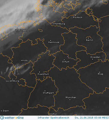 Abb. 2: Satellitenbild (Infrarot) vom 21.06.2018, 03.00 MESZ.<br />Quelle: http://www.wetteronline.de/