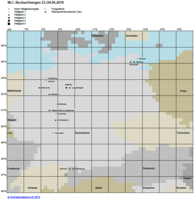 Abb. 1: NLC-Beobachtungen in der Nacht 23./24.06.2018