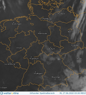 Abb. 2: Satellitenbild (Infrarot) vom 27.06.2018, 03.00 MESZ.<br />Quelle: http://www.wetteronline.de/