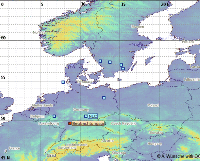 Abb. 3: Ungefähre Position der beobachteten NLCs in der Nacht 26./27.06.2018 (Beobachtungsort=Odenwald)