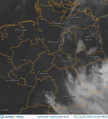 Abb. 2: Satellitenbild (Infrarot) vom 28.06.2018, 03.00 MESZ.<br />Quelle: http://www.wetteronline.de/