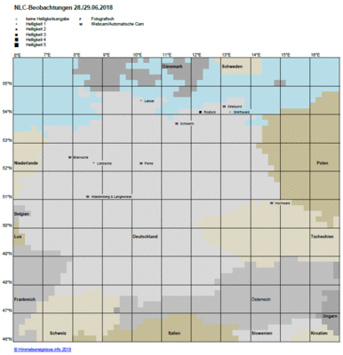 Abb. 1: NLC-Beobachtungen in der Nacht 28./29.06.2018