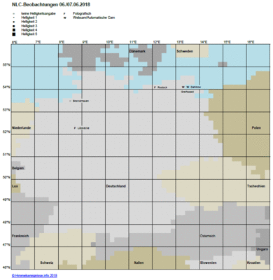 Abb. 1: NLC-Beobachtungen in der Nacht 06./07.07.2018