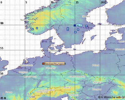 Abb. 3: Ungefähre Position der beobachteten NLCs in der Nacht 06./07.07.2018 (Beobachtungsort=Lübbecke)