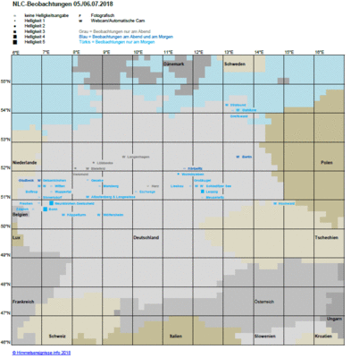 Abb. 1: NLC-Beobachtungen in der Nacht 05./06.07.2018