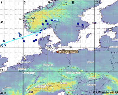 Abb. 3: Ungefähre Position der beobachteten NLCs in der Nacht 08./09.07.2018 (Beobachtungsort=Rostock)