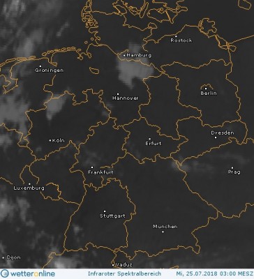Abb. 2: Satellitenbild (Infrarot) vom 25.07.2018, 03.00 MESZ.<br />Quelle: http://www.wetteronline.de/