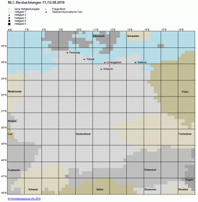 Abb. 1: NLC-Beobachtungen in der Nacht 11./12.08.2018