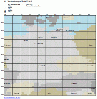 Abb. 1: NLC-Beobachtungen in der Nacht 07./08.08.2018