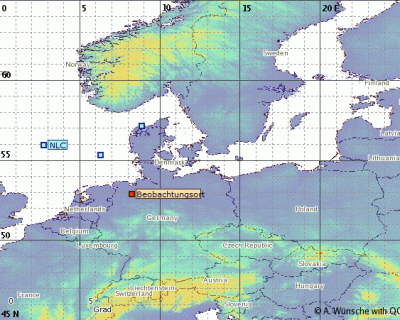 Abb. 2: Ungefähre Position der beobachteten NLCs in der Nacht 07./08.08.2018 (Beobachtungsort=Ahlhorn)