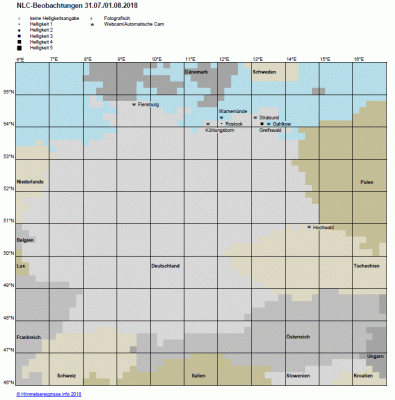 Abb. 1: NLC-Beobachtungen in der Nacht 31.07./01.08.2018