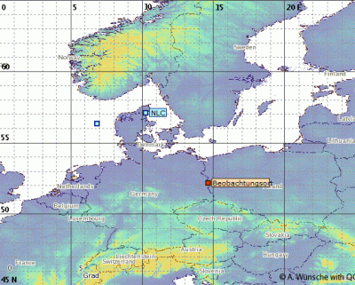 Abb. 3: Ungefähre Position der beobachteten NLCs in der Nacht 29./30.07.2018 (Beobachtungsort=Eisenhüttenstadt)