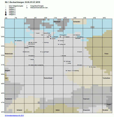 Abb. 1: NLC-Beobachtungen in der Nacht 30.06./01.07.2018