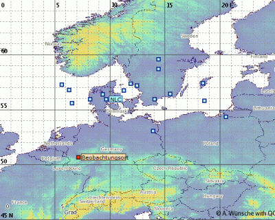 Abb. 3: Ungefähre Position der beobachteten NLCs in der Nacht 01./02.07.2018 (Beobachtungsort=Bonn)