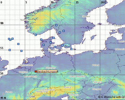 Abb. 3: Ungefähre Position der beobachteten NLCs in der Nacht 02./03.07.2018 (Beobachtungsort=Bonn)