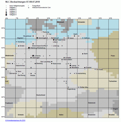 Abb. 1: NLC-Beobachtungen in der Nacht 07./08.07.2018. Unterstreichungen bedeuten, dass aus dem betreffenden Planquadrat (12*12 Bogenminuten)  2 Beobachtungen vorliegen. Um die Karte übersichtlich zu halten, sind weitgehend nur Beobachtungsorte beschriftet, von denen Helligkeitsschätzungen vorliegen.