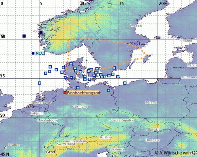 Abb. 3: Ungefähre Position der beobachteten NLCs in der Nacht 07./08.07.2018 (Beobachtungsort=Oldenburg). Weitere Erläuterungen im Text.