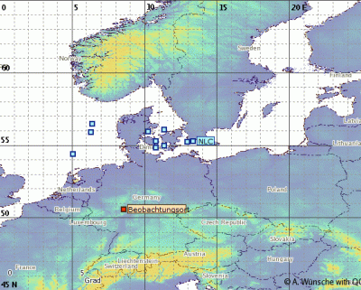 Abb. 5: Ungefähre Position der beobachteten NLCs am Abend des 07.07.2018 zwischen 23:29 und 23:37 MESZ (Beobachtungsort=Wetzlar). Weitere Erläuterungen im Text.