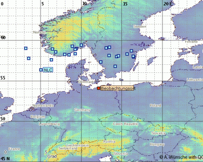 Abb. 1: Ungefähre Position der beobachteten NLCs in der Nacht 14./15.07.2018. Dargestellt ist der Aufenthaltsraum des sichtbaren Südrandes des Feldes über die gesamte Beobachtungsperiode von 23:30 bis 03:20 MESZ  (Beobachtungsort=Rostock).