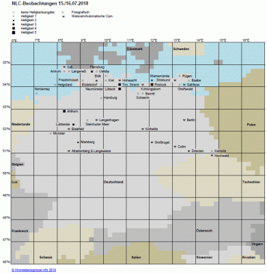 Abb. 2: NLC-Beobachtungen in der Nacht 15./16.07.2018.