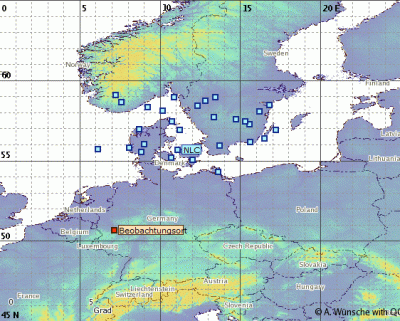 Abb. 3: Ungefähre Position der beobachteten NLCs in der Nacht 13./14.07.2018. Dargestellt ist der Aufenthaltsraum des sichtbaren Südrandes des Feldes über die gesamte Beobachtungsperiode von etwa 23:00 bis etwa 03:30 MESZ (Beobachtungsort=Bonn).