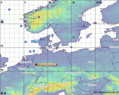 Abb. 3: Ungefähre Position der beobachteten NLCs am Morgen 23.05.2019 zwischen 01:10 UT  (= 03:10 MESZ) und 02:06 UT (= 04:06 MESZ).  (Beobachtungsort=Hagen). Weitere Erläuterungen im Text.