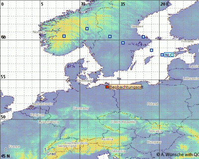 Abb. 3: Ungefähre Position der beobachteten NLCs am Morgen des 24.05.2019 zwischen  02:20 MESZ und 02:36 MESZ. (Beobachtungsort=Greifswald).
