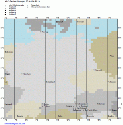 Abb. 1: NLC-Beobachtungen in der Nacht 03./04.06.2019