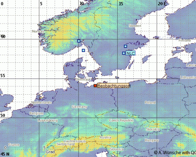 Abb. 3: Ungefähre Position des jeweiligen Südrandes der beobachteten NLCs am Morgen des 06.06.2019 nach Angaben vom Hubertsberg (Henning Untiedt) und aus Rostock (Olaf Squarra).<br />(Beobachtungsort = Rostock)