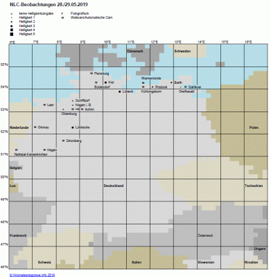 Abb. 1: NLC-Beobachtungen in der Nacht 28./29.05.2019