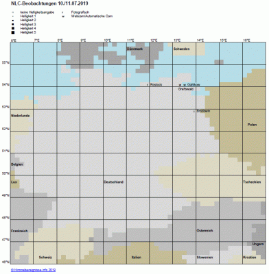 Abb. 1: NLC-Beobachtungen in der Nacht 10./11.07.2019