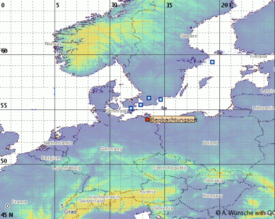Abb. 3: Ungefähre Position des Südrandes der beobachteten NLCs am Abend des 11.07.2019.<br />(Beobachtungsort = Greifswald)
