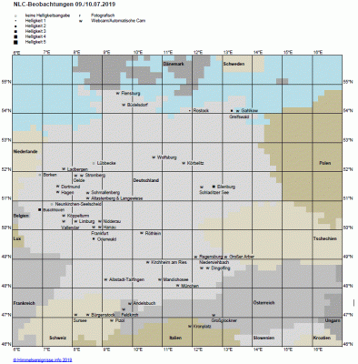 Abb. 1: NLC-Beobachtungen in der Nacht 09./10.07.2019