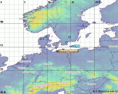 Abb. 3: Ungefähre Position des Südrandes der beobachteten NLCs am Abend des 17.07.2019.<br />(Beobachtungsort = Rostock)