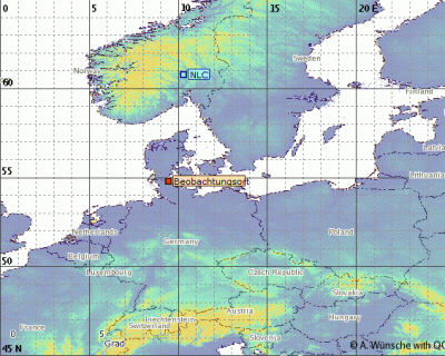 Abb. 3: Ungefähre Position der an der Flensburger Cam beobachteten NLC-Struktur.<br />(Beobachtungsort = Flensburg)
