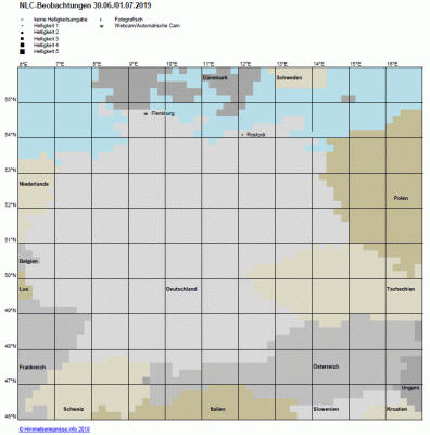 Abb. 1: NLC-Beobachtungen in der Nacht 30.06../01.07.2019