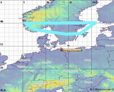 Abb. 3: Ungefähre Position des am Morgen des 22.07.2019 in Greifswald beobachteten NLC-Feldes um 03:08 MESZ.<br />(Beobachtungsort = Greifswald)