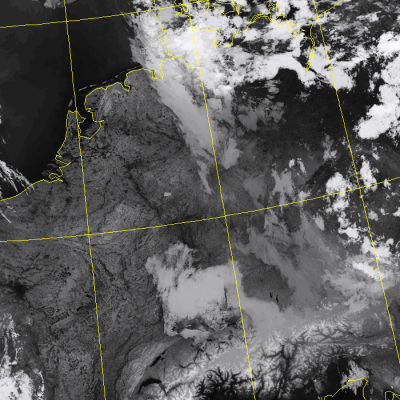 Abb. 2: Satellitenbild (Infrarot) von NOAA 20 vom 30.07.2019, 03.35 MESZ.<br />Image courtesy to Dundee Satellite Receiving Station, Dundee University, Scotland.