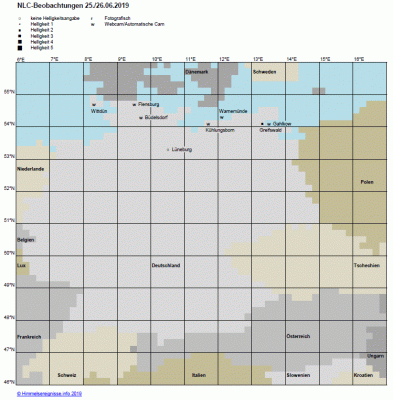 Abb. 1: NLC-Beobachtungen in der Nacht 25./26.06.2019