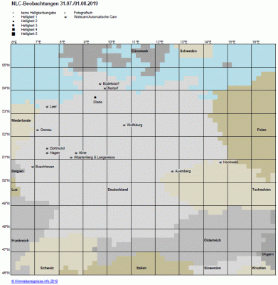 Abb. 1: NLC-Beobachtungen in der Nacht 31.07./01.08.2019