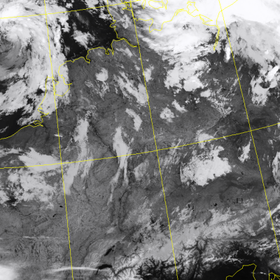 Abb. 2: Satellitenbild (Infrarot) von NPP vom 01.08.2019, 03.49 MESZ.<br />Image courtesy to Dundee Satellite Receiving Station, Dundee University, Scotland.