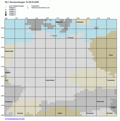 Abb. 1: NLC-Beobachtungen in der Nacht 19./20.05.2020