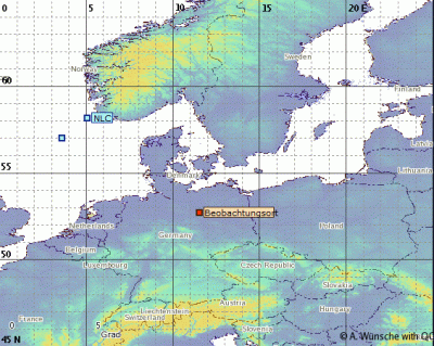 Abb. 3: Ungefähre Position des Südrandes der beobachteten NLCs in der Nacht 24./25.05.2020.<br /> (Beobachtungsort = Bismark in der Altmark)